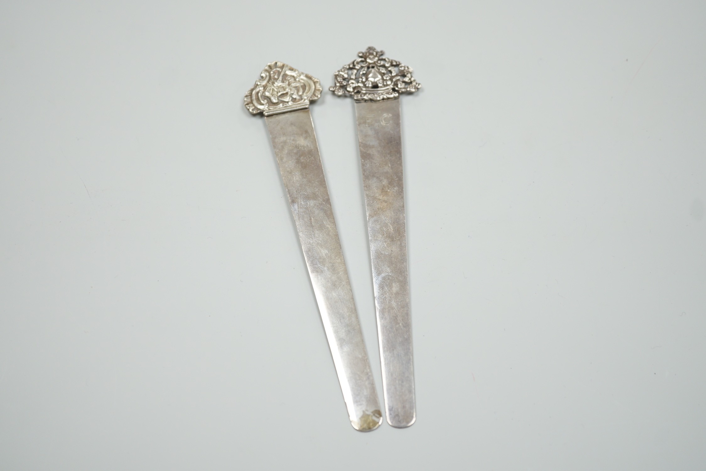 Two silver book marks by Stuart Clifford, London, 1897 and 1902, largest 17.9cm.